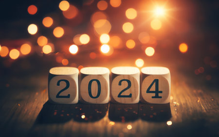 Wooden block cubes displaying the number 2024 with a bokeh light background,  for New Year's Eveの素材