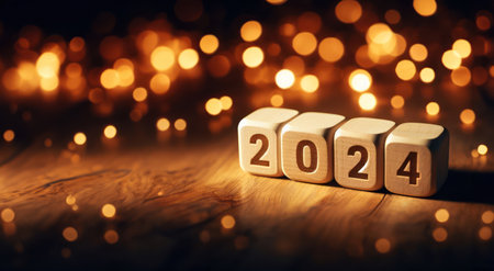 Wooden block cubes displaying the number 2024 with a bokeh light background,  for New Year's Eveの素材