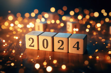 Wooden block cubes displaying the number 2024 with a bokeh light background,  for New Year's Eveの素材