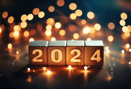 Wooden block cubes displaying the number 2024 with a bokeh light background,  for New Year's Eveの素材