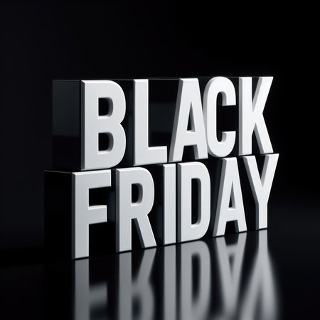 3d metallic black friday text on dark backgroundの素材