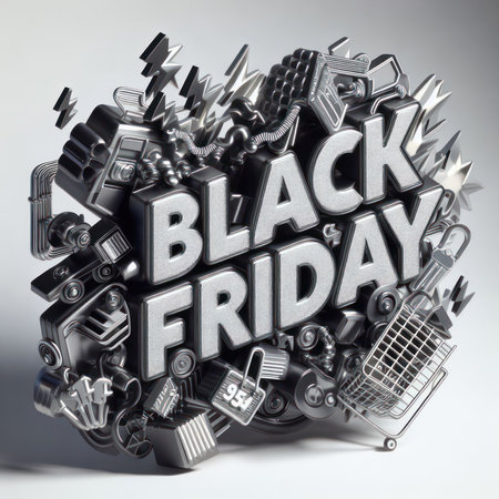 3d metallic black friday text on white backgroundの素材