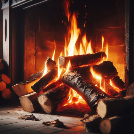 Fireplace whispering flames and burning logsの素材