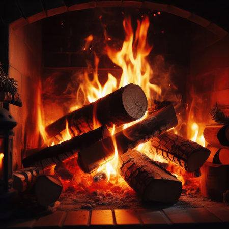 Fireplace with burning logs closeup viewの素材
