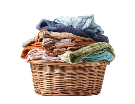 Pile of colorful clothes in a laundry basket isolated on white transparent background. washing serviceの素材