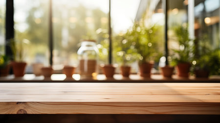 Empty wooden table surface closeup, blur cafe bar restaurant or retail shop interior background, bokeh lights.の素材