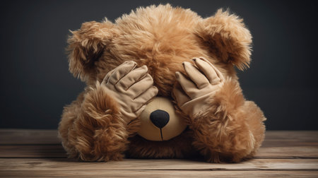 Child abuse concept. Teddy bear covering eyesの素材