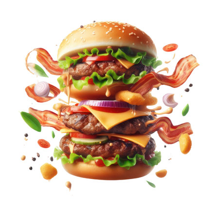 Burger isolated on white transparent background, Fast food, Hamburger layers and ingredientsの素材
