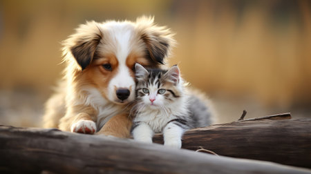 Sserene embrace between dog and kitten in golden lightの素材