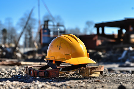 Work safety. Protective hard hat closeup, blur construction site backgroundの素材
