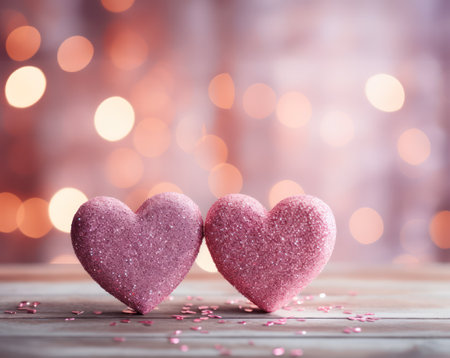 Valentines day background with two pastel pink hearts on wooden tableの素材