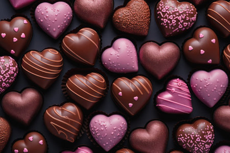 Valentines day, heart shape chocolates assortment background, top viewの素材