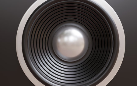 Round speaker, Black with Silver frame Loudspeaker on black background, stereo sound, professional equipment. 3d renderの写真素材