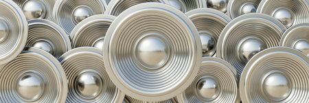White Loudspeaker background. Many round speakers, lstereo sound, professional equipment. 3d render