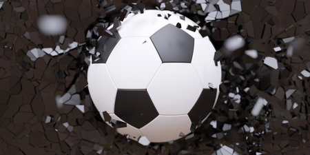 Soccer, football ball breaks with great force a black wall background texture. Sport concept. Wallpaper. 3d renderの写真素材