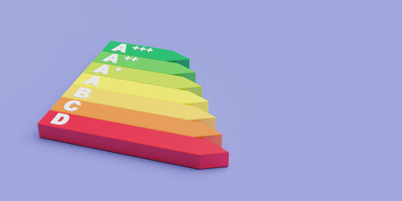 Energy Efficiency Label Classification isolated on empty blue background. Economy, ecology, green energy. Copy space. 3d renderの写真素材