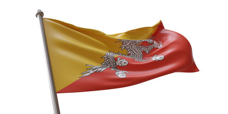 Bhutan flag waving isolated on white transparent backgroundの写真素材
