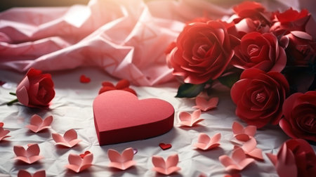 Valentines day background, gift box, hearts and red rosesの素材