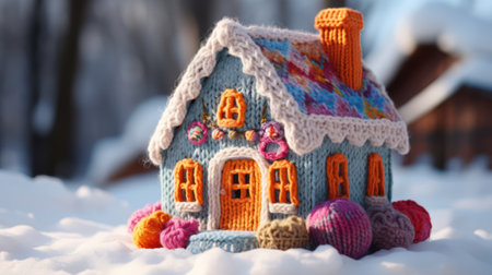 Warming home in Winter, small knitted house in cold weatherの素材