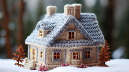 Warming home in Winter, small knitted house in cold weatherの素材
