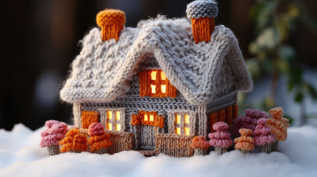 Warming home in Winter, small knitted house in cold weatherの素材