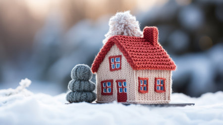 Warming home in Winter, small knitted house in cold weatherの素材