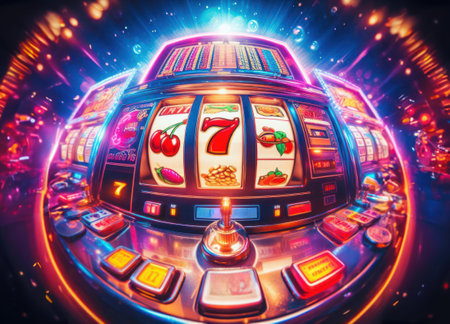 Casino slot machine closeup, bar spin gamble game, lucky sevensの素材