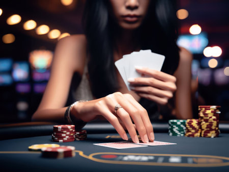 Player in casino, cards and poker chips on green felt table, closeupの素材