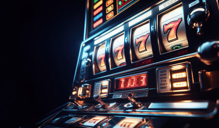 Casino slot machine closeup, bar spin gamble game, lucky sevensの素材