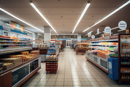 Supermarket aisle, products on market shelfs, shopping in grocery store.の素材