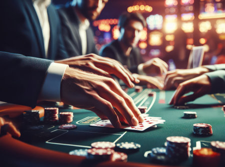 Casino roulette table closeup, golden wheel and gamblers aroundの素材