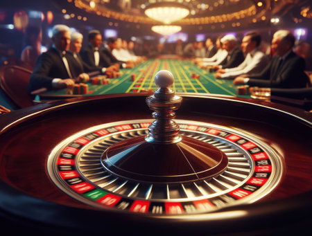Casino roulette table closeup, golden wheel and gamblers aroundの素材