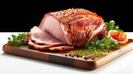 Christmas baked ham glazed on table closeup, Xmas menuの素材