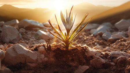 Plant growing in soil, closeup. Young sprout in dry ground.の素材
