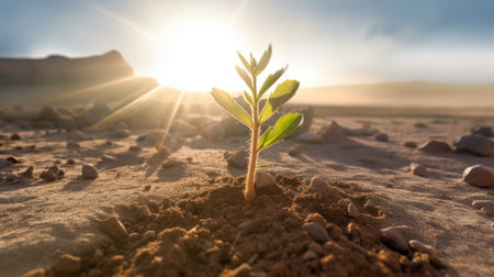 Plant growing in soil, closeup. Young sprout in dry ground.の素材