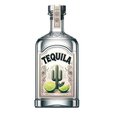Tequila bottle isolated on white transparent background, alcohol drink productの素材