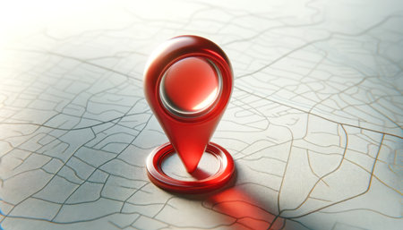 Glossy red pinpoint marker on digital street mapの素材