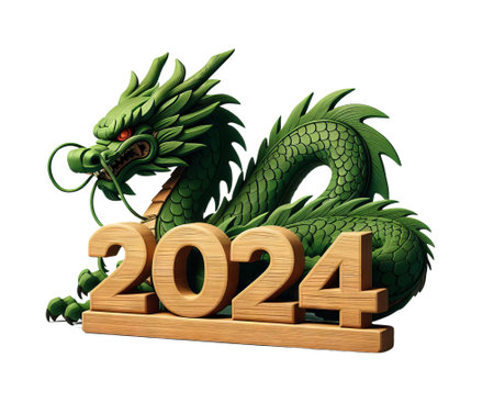 2024 Chinese new year, year of the dragon. Green wooden dragon isolated on white transparenの素材