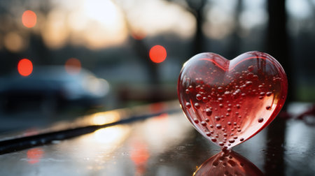 Valentine warmth: sunlight caressing a translucent red heart on a surfaceの素材