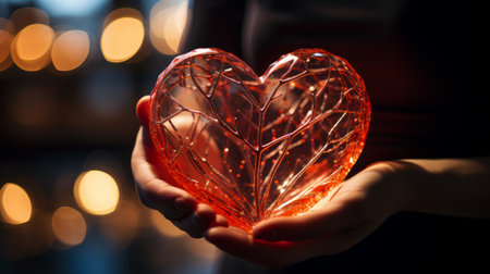 valentine's offering: glowing red heart cradled in hanの素材