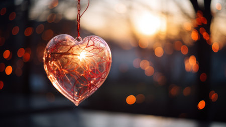 valentine's offering: glowing red heart cradled in hanの素材