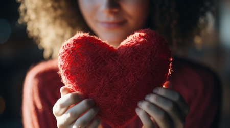 valentine's offering: glowing red heart cradled in hanの素材