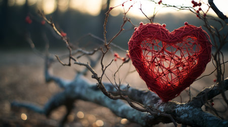Valentines day card, red heart on blur background, copy spaceの素材