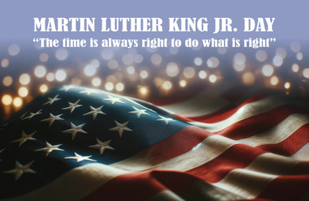 Happy MLK day. I have a dream text and raised fists on US American flag backgroundの素材