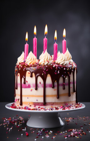 Îirthday cake pastel blue with three candles and colorful sprinkles closeup view. Kids birthday partyの素材