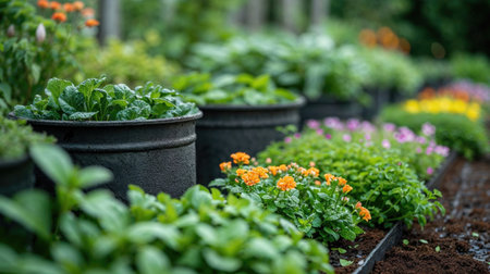 Colorful flowers and herbs in the garden, Springtimeの素材