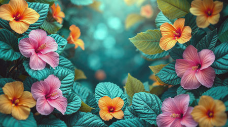 Spring blooming, colorful flowers background, view from aboveの素材