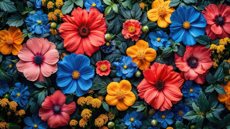 Spring blooming, colorful flowers background, view from aboveの素材
