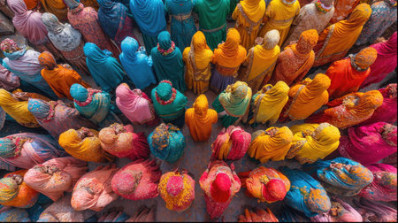 Hindu holiday celebration. Holi color festival crowd touch hands, vibrant colours traditional clothes, aerial viewの素材
