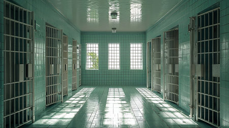 Prison building interior, empty jail cell, security bars cageの素材